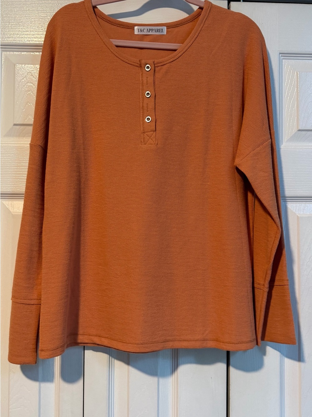 NWOT Women's Long-Sleeve Waffle Henley - Rust Orange
